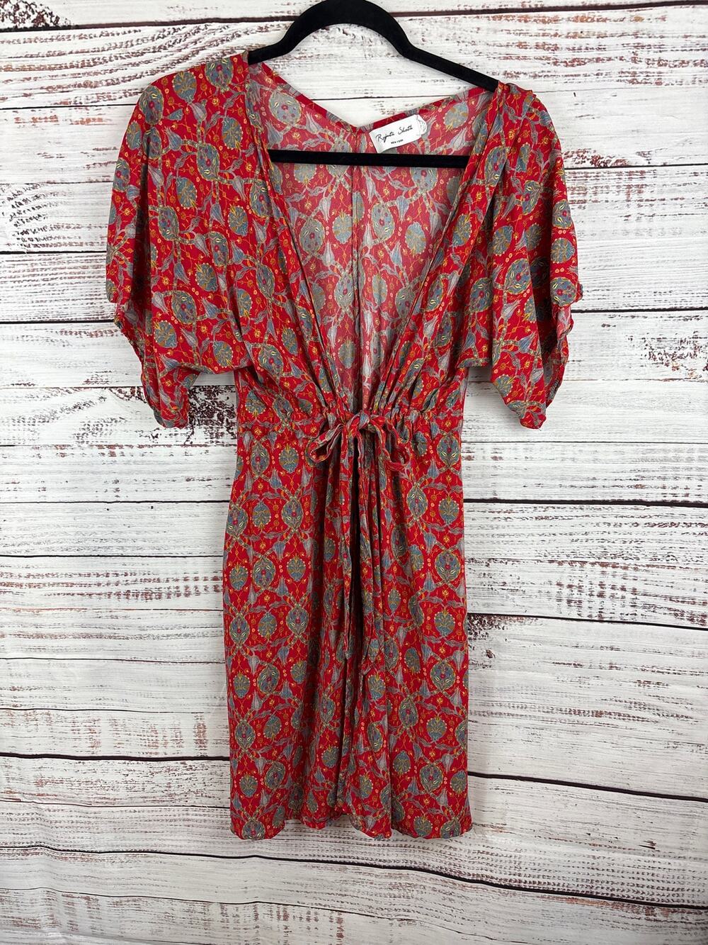 Womens Rujuta Sheth Red Floral Boho Kaftan Midi Dress Cover Up Kimono One Size